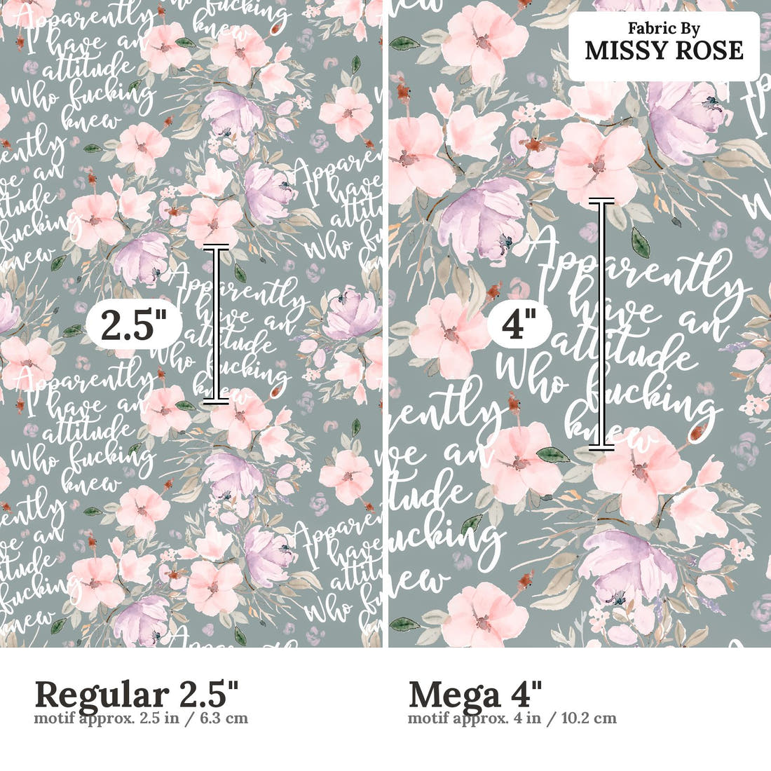 Profanity Fabric 588 Regular 2.5 inch vs Mega 4 inch print scale side by side | Fabric by Missy Rose