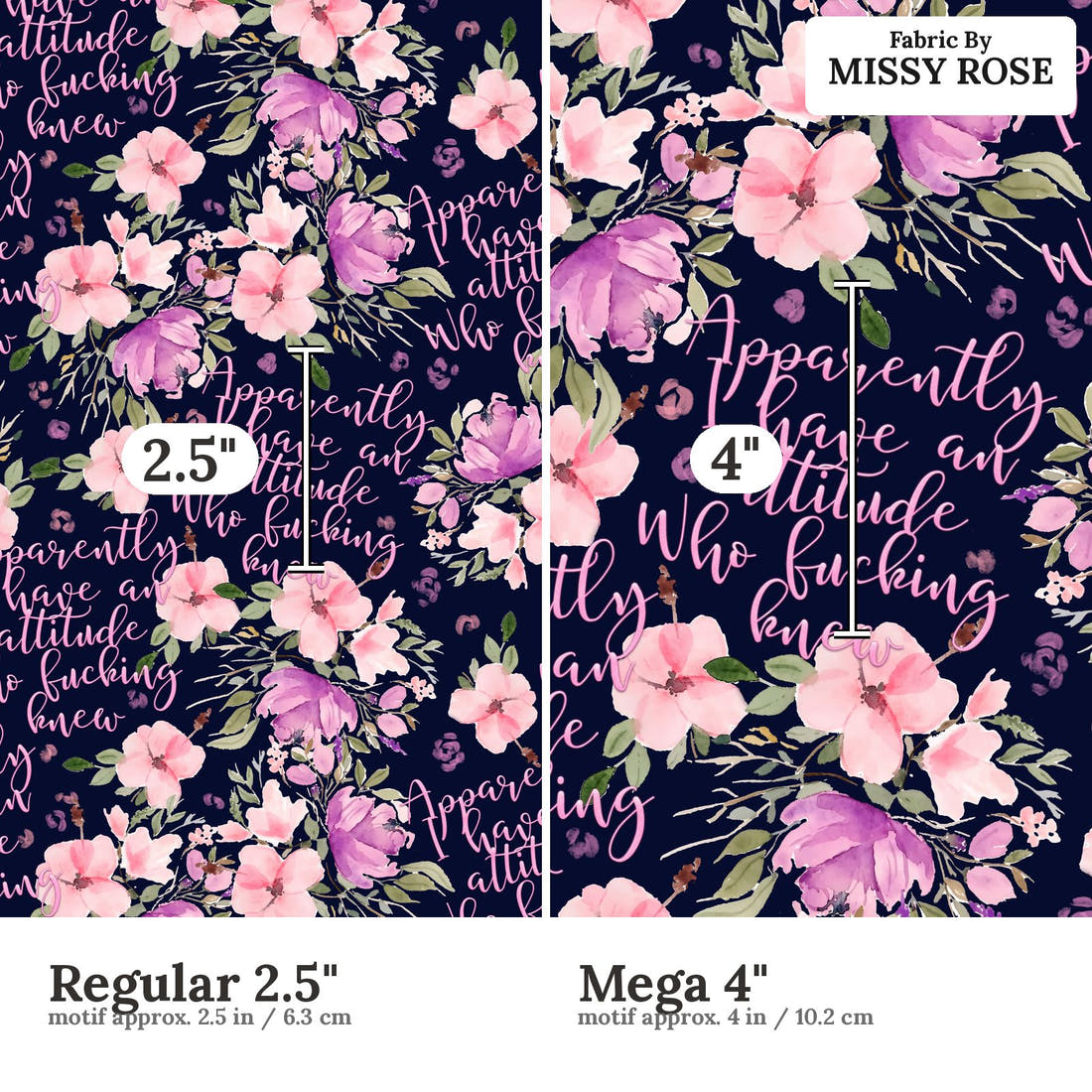 Profanity Fabric 589 Regular 2.5 inch vs Mega 4 inch print scale side by side | Fabric by Missy Rose