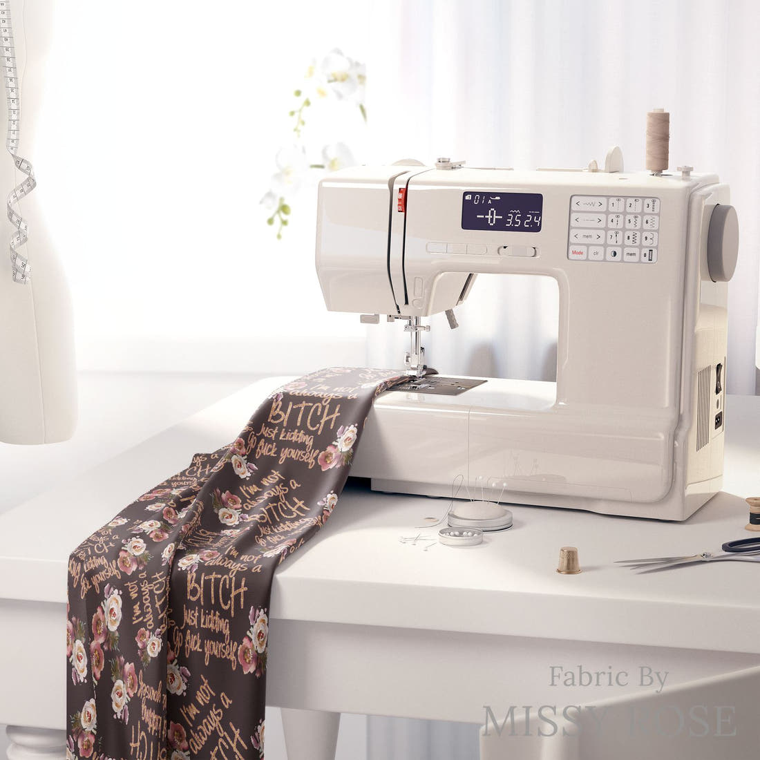 Profanity Fabric 64 on a sewing machine - premium fabric for sewing projects | Fabric by Missy Rose