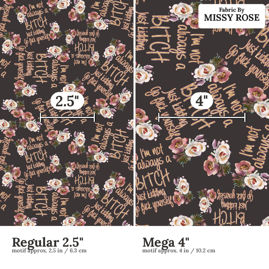 Profanity Fabric 64 Regular 2.5 inch vs Mega 4 inch print scale side by side | Fabric by Missy Rose