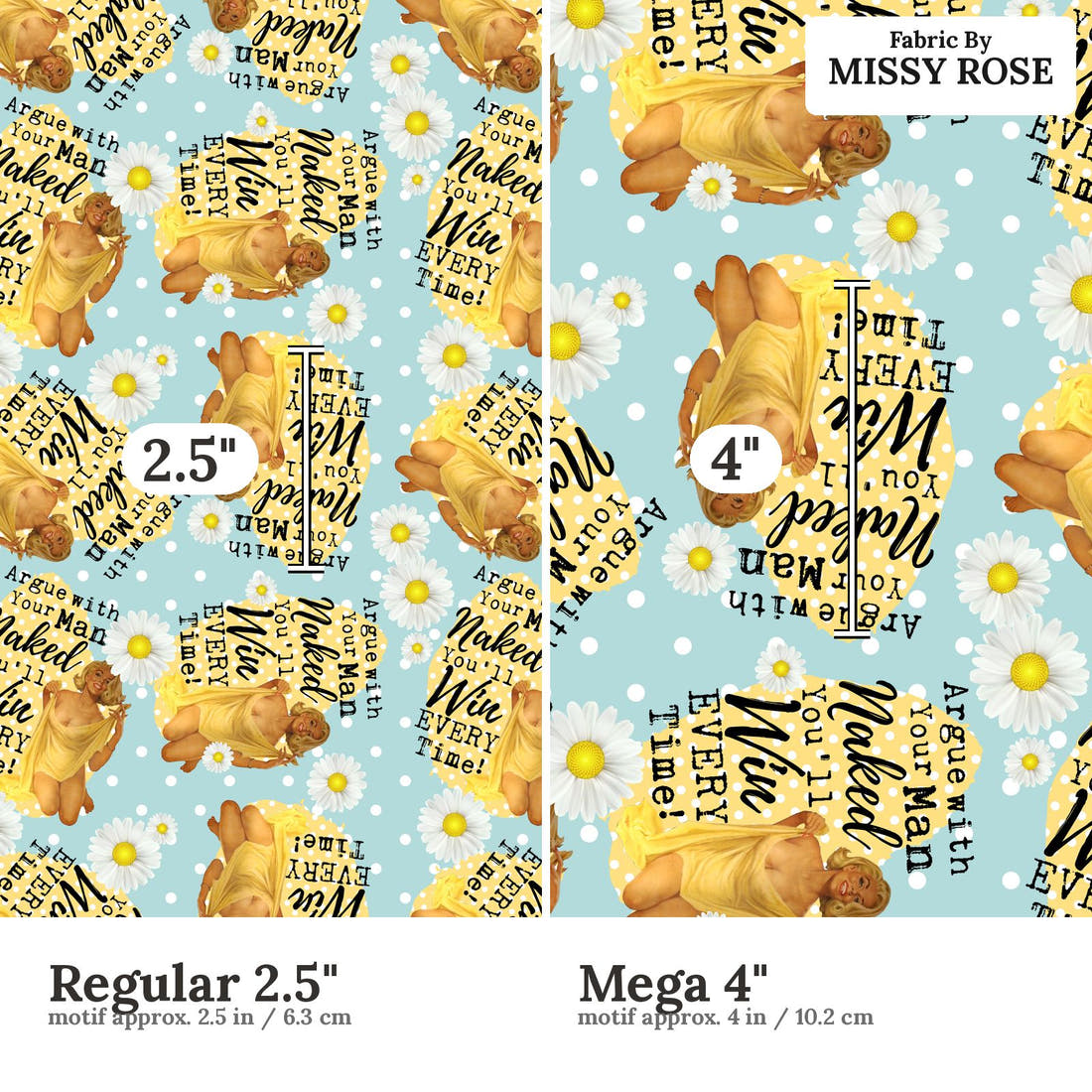 Profanity Fabric 65 Regular 2.5 inch vs Mega 4 inch print scale side by side | Fabric by Missy Rose