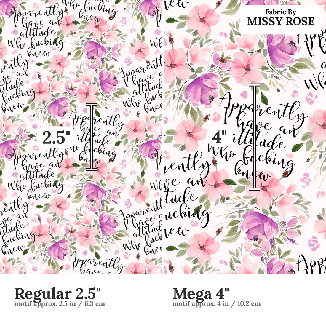 Profanity Fabric 68 Regular 2.5 inch vs Mega 4 inch print scale side by side | Fabric by Missy Rose