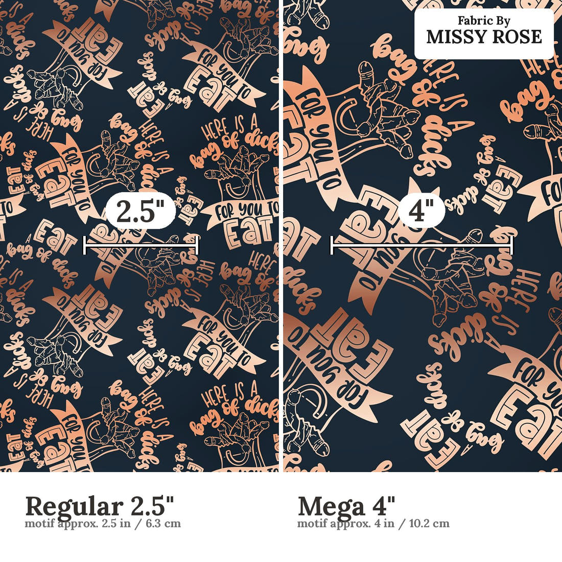 Profanity Fabric 72 Regular 2.5 inch vs Mega 4 inch print scale side by side | Fabric by Missy Rose