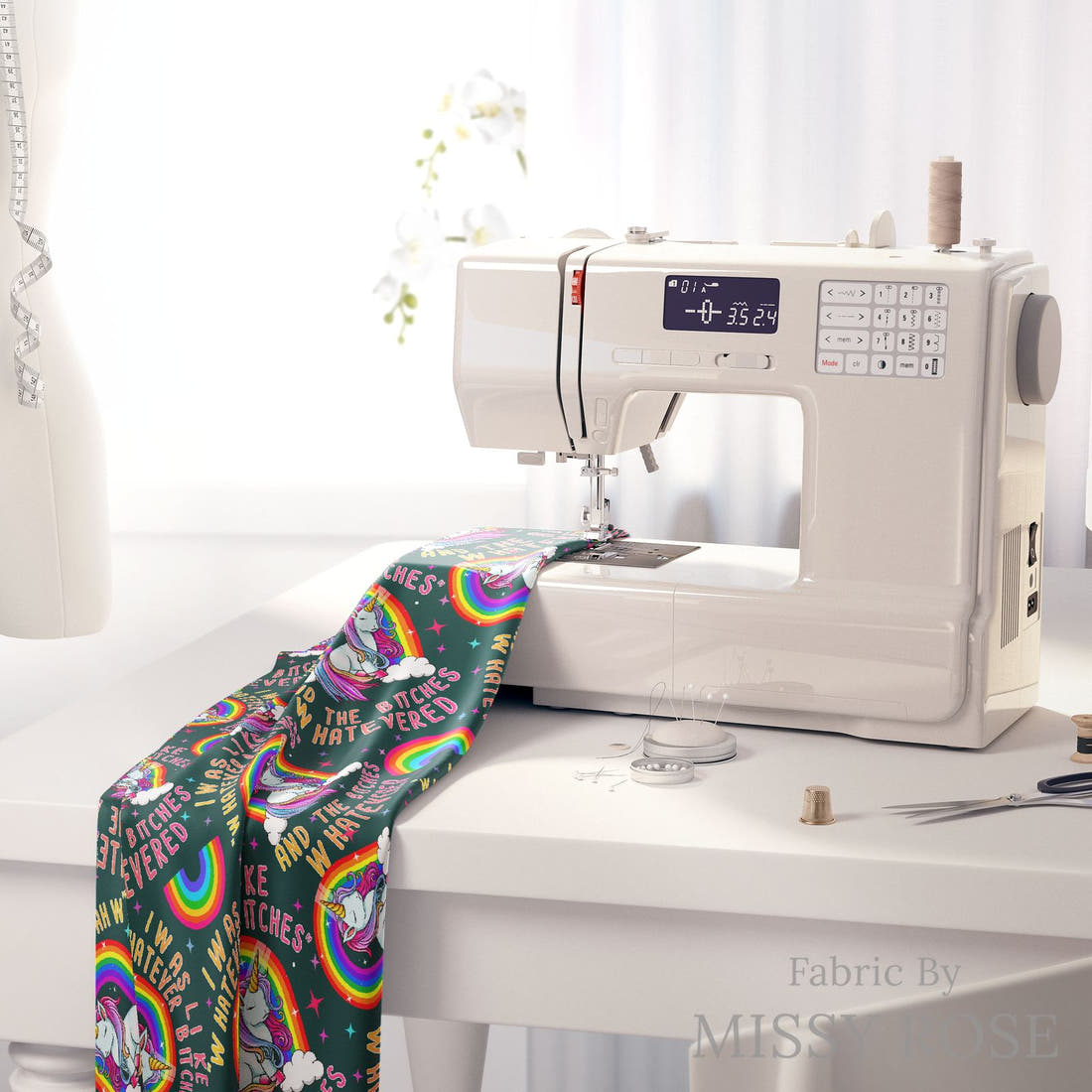 Profanity Fabric 73 on a sewing machine - premium fabric for sewing projects | Fabric by Missy Rose