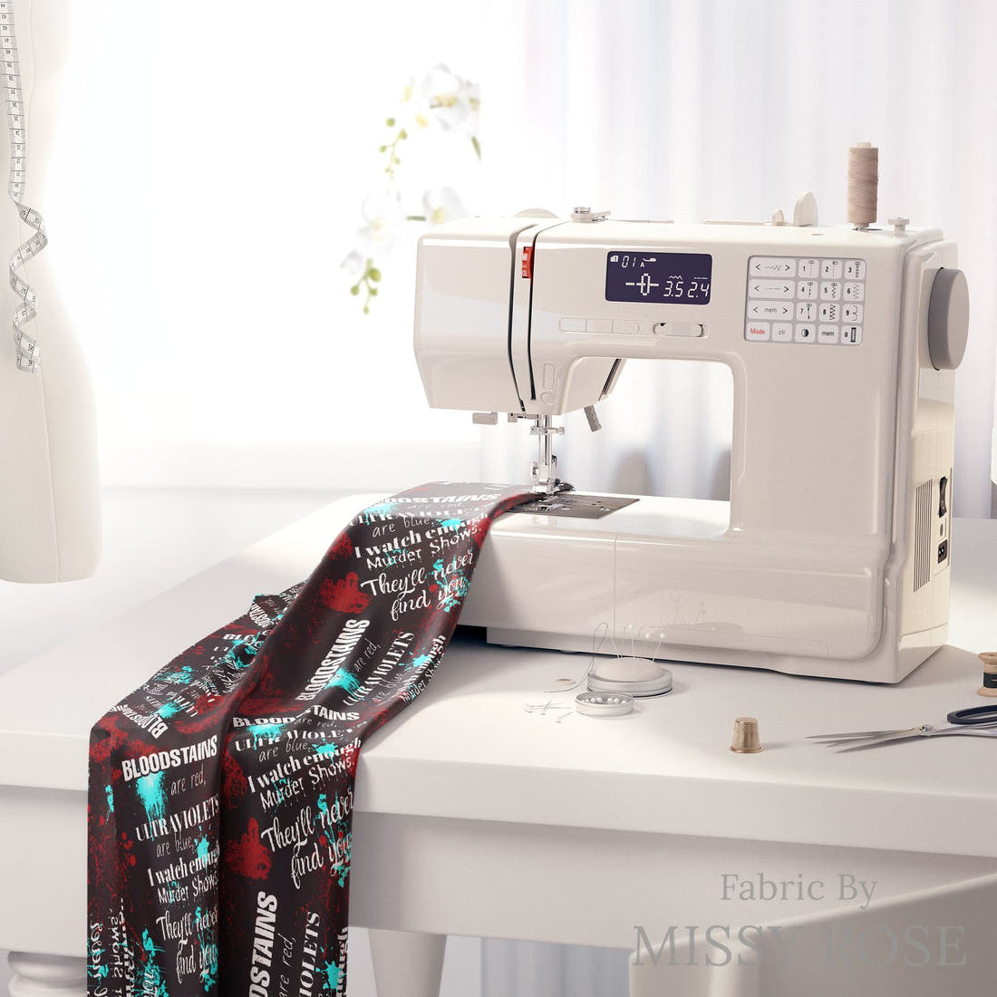 Profanity Fabric 74 on a sewing machine - premium fabric for sewing projects | Fabric by Missy Rose