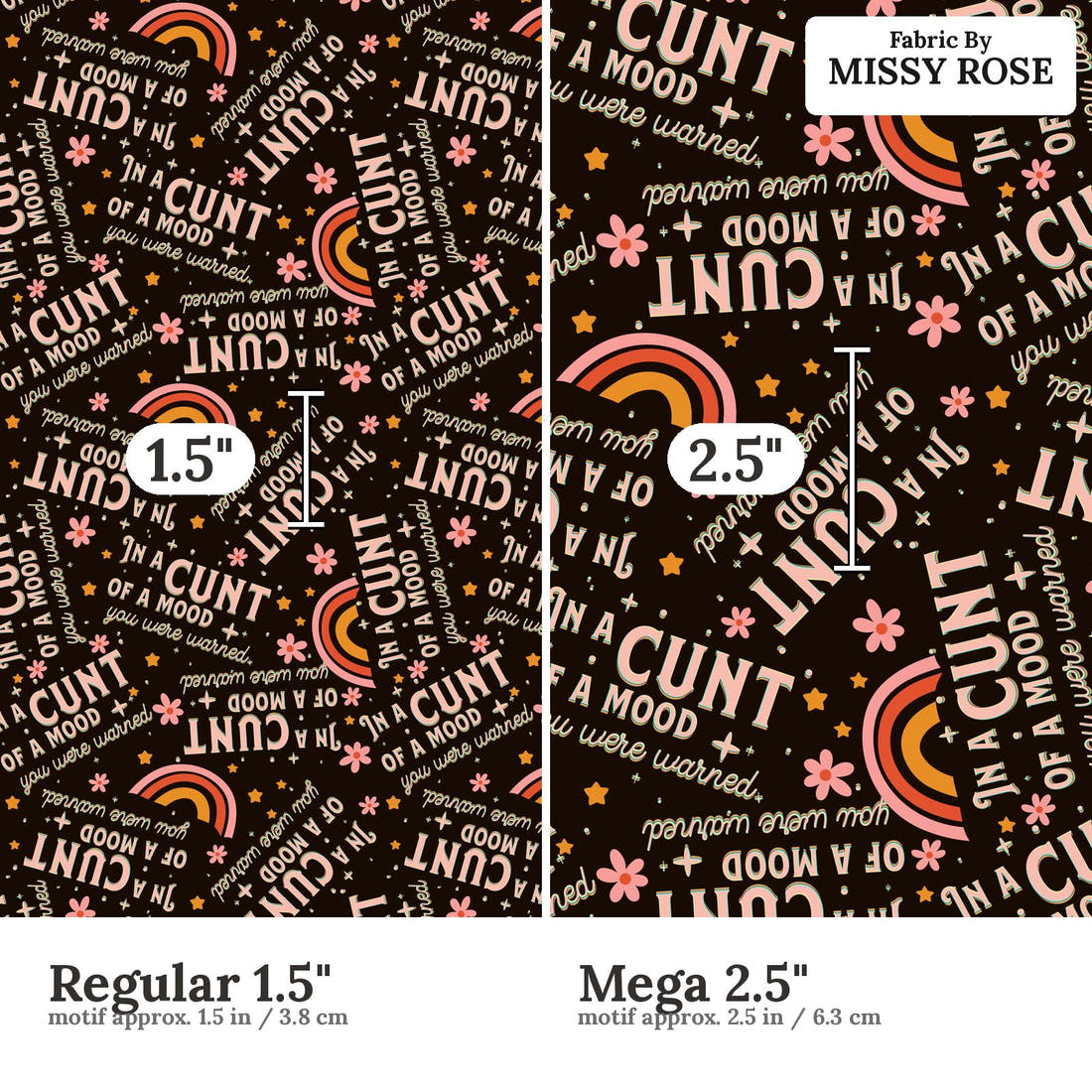 Profanity Fabric 90 Regular 1.5 inch vs Mega 2.5 inch print scale side by side | Fabric by Missy Rose
