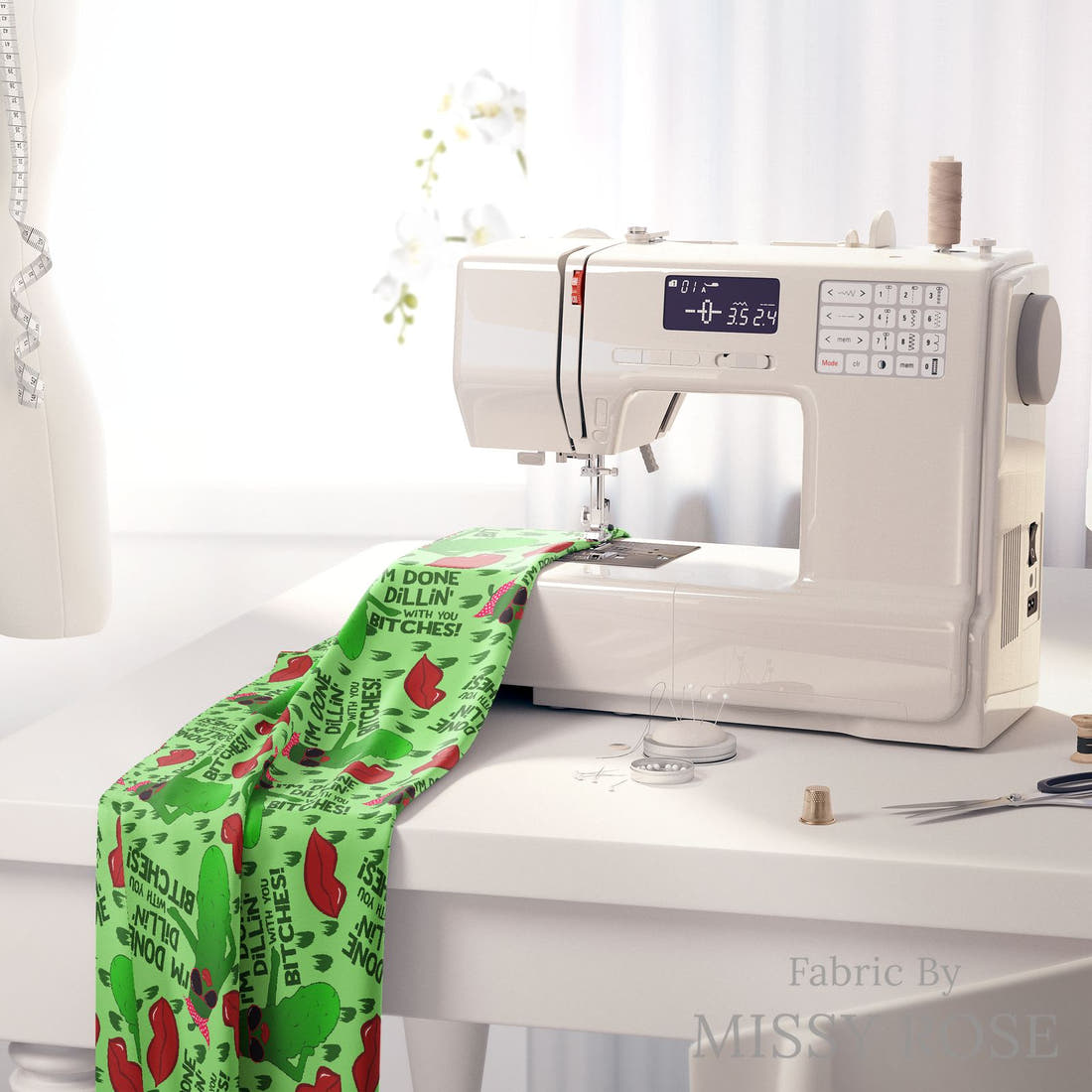 Profanity Fabric 94 on a sewing machine - premium fabric for sewing projects | Fabric by Missy Rose