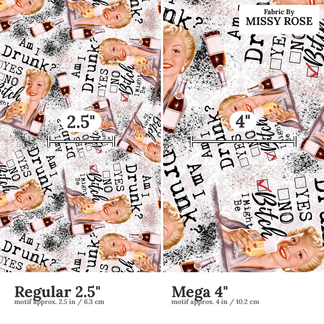 Profanity Fabric 96 Regular 2.5 inch vs Mega 4 inch print scale side by side | Fabric by Missy Rose