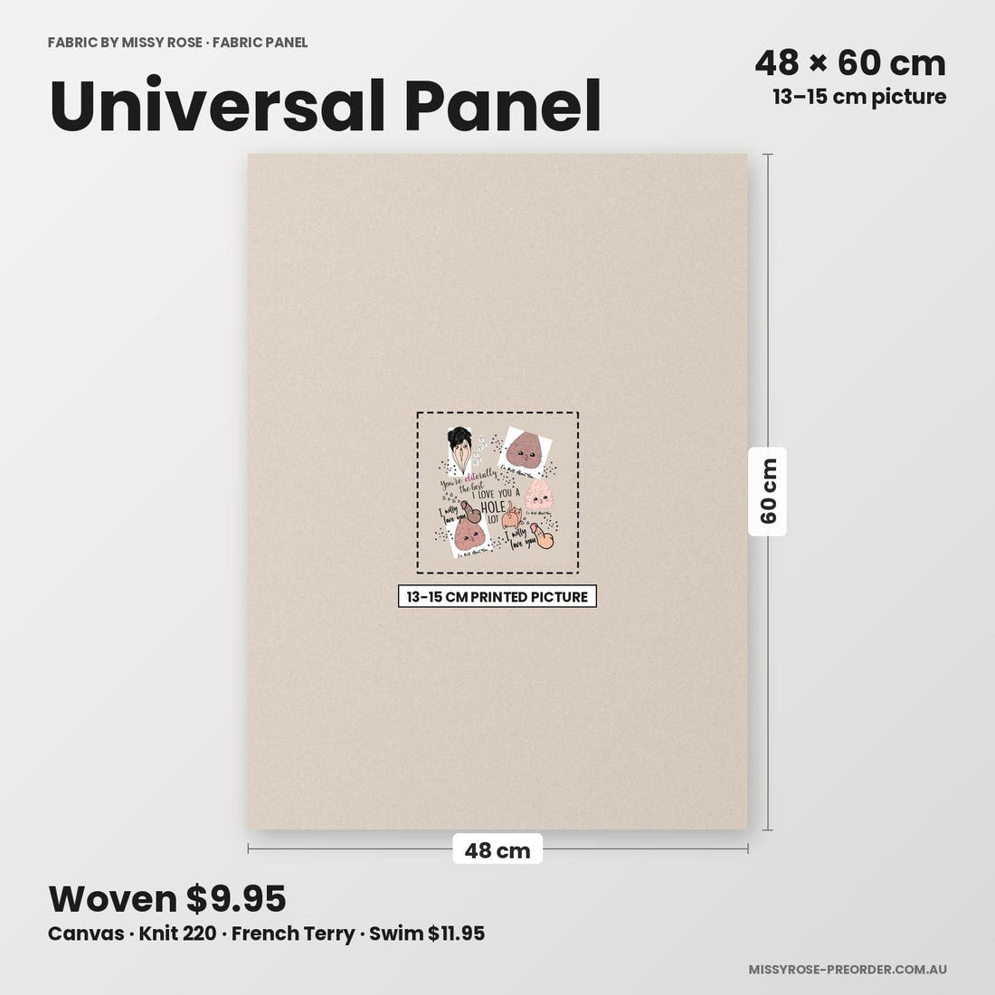 Profanity Fabric Panel 104 universal panel sizing – 13–15 cm printed picture on 48 × 60 cm fabric | Fabric by Missy Rose