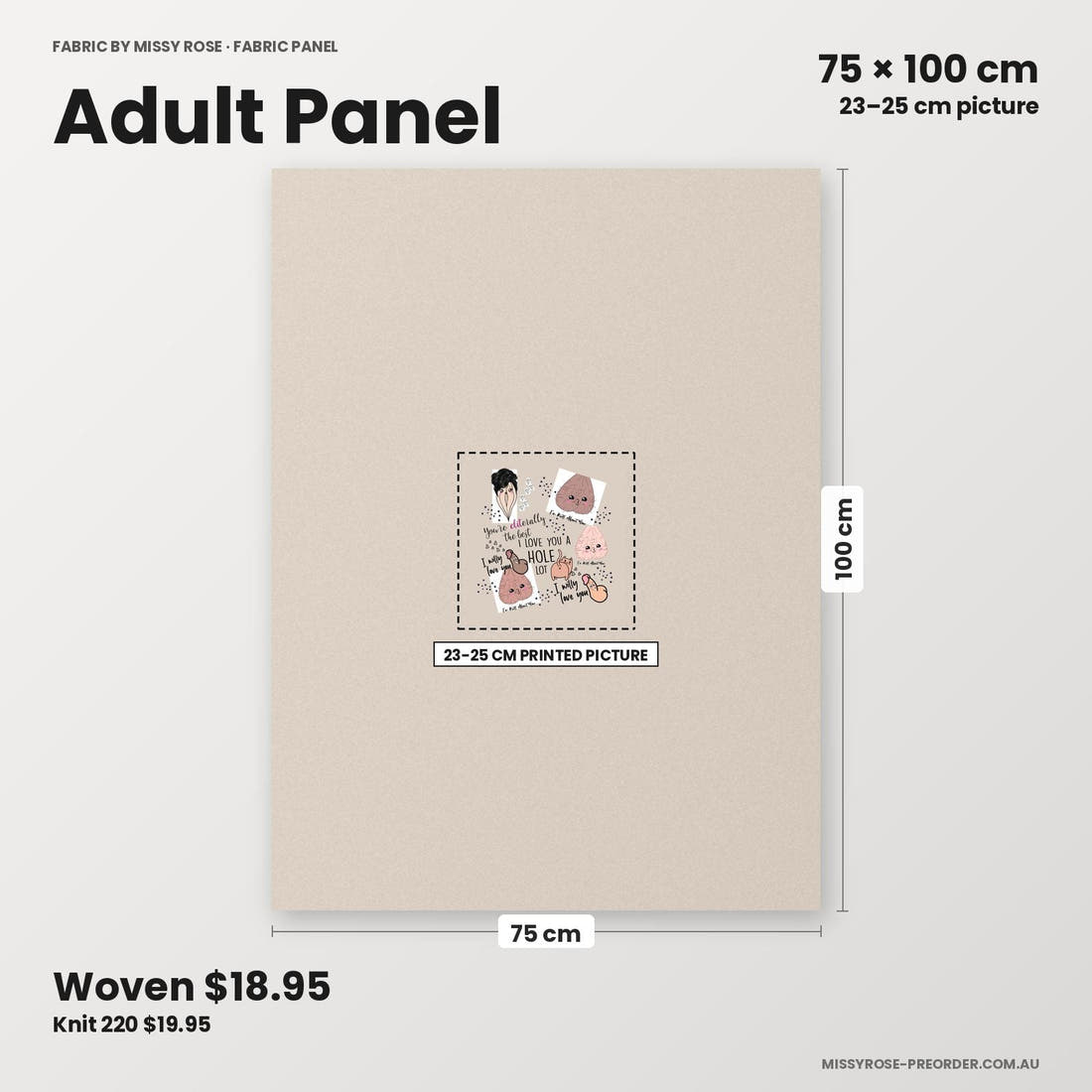 Profanity Fabric Panel 104 adult panel sizing – 23–25 cm printed picture on 75 × 100 cm fabric | Fabric by Missy Rose