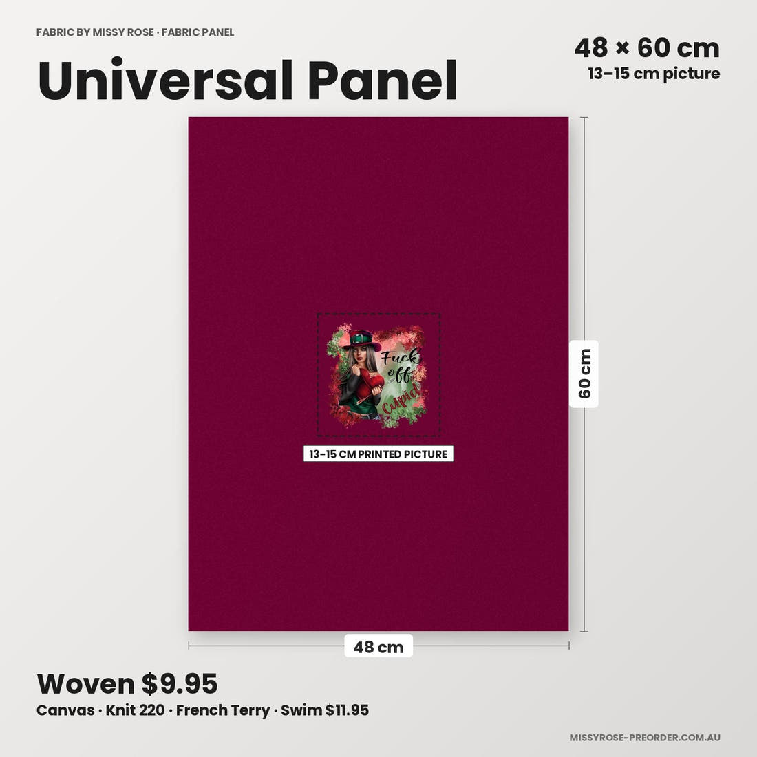 Profanity Fabric Panel 132 universal panel sizing – 13–15 cm printed picture on 48 × 60 cm fabric | Fabric by Missy Rose