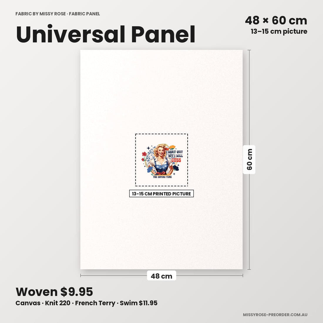 Profanity Fabric Panel 133 universal panel sizing – 13–15 cm printed picture on 48 × 60 cm fabric | Fabric by Missy Rose