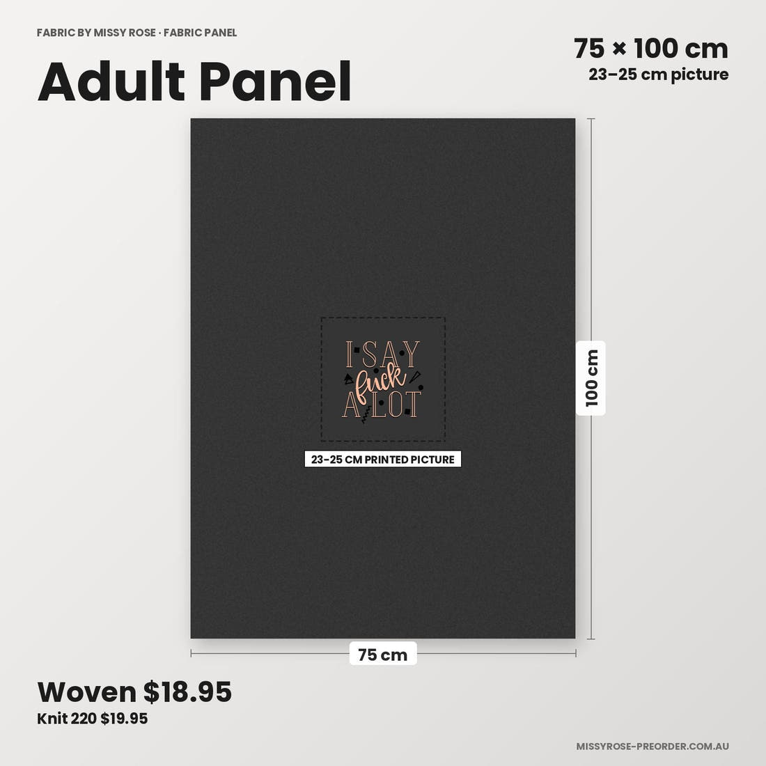 Profanity Fabric Panel 174 adult panel sizing – 23–25 cm printed picture on 75 × 100 cm fabric | Fabric by Missy Rose