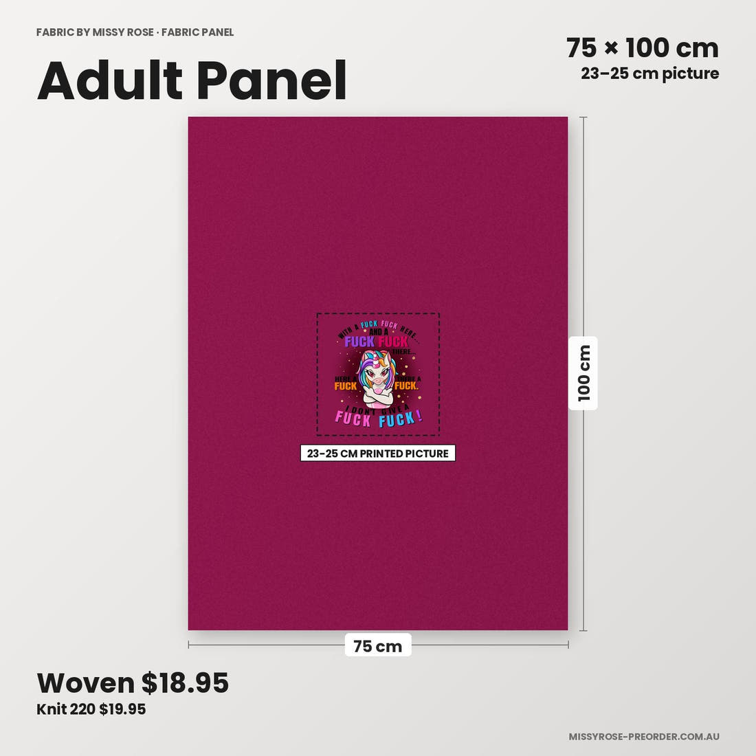 Profanity Fabric Panel 182 adult panel sizing – 23–25 cm printed picture on 75 × 100 cm fabric | Fabric by Missy Rose
