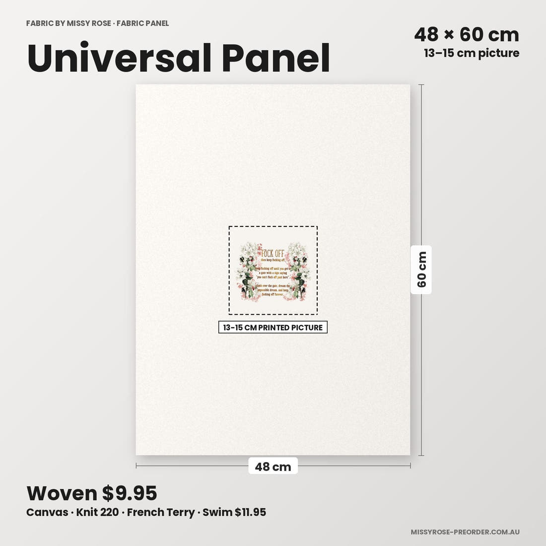 Profanity Fabric Panel 190 universal panel sizing – 13–15 cm printed picture on 48 × 60 cm fabric | Fabric by Missy Rose