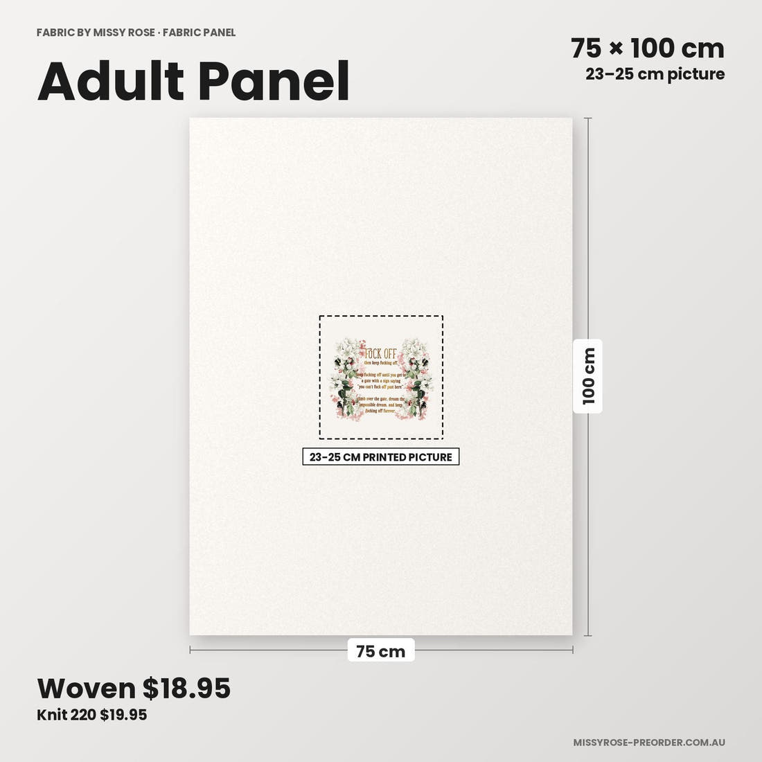 Profanity Fabric Panel 190 adult panel sizing – 23–25 cm printed picture on 75 × 100 cm fabric | Fabric by Missy Rose