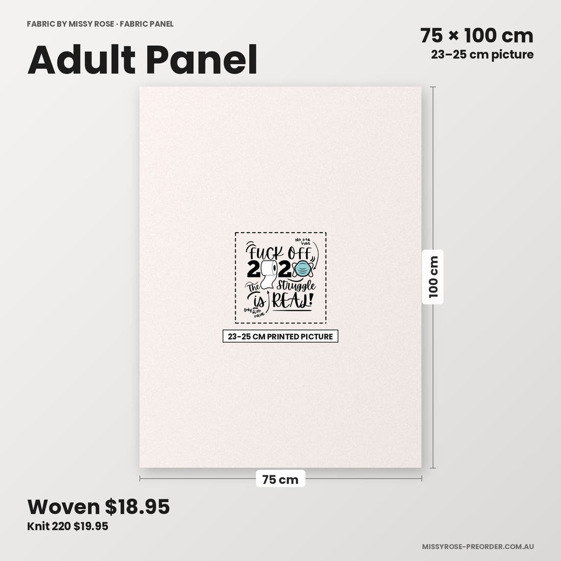 Profanity Fabric Panel 191 adult panel sizing – 23–25 cm printed picture on 75 × 100 cm fabric | Fabric by Missy Rose