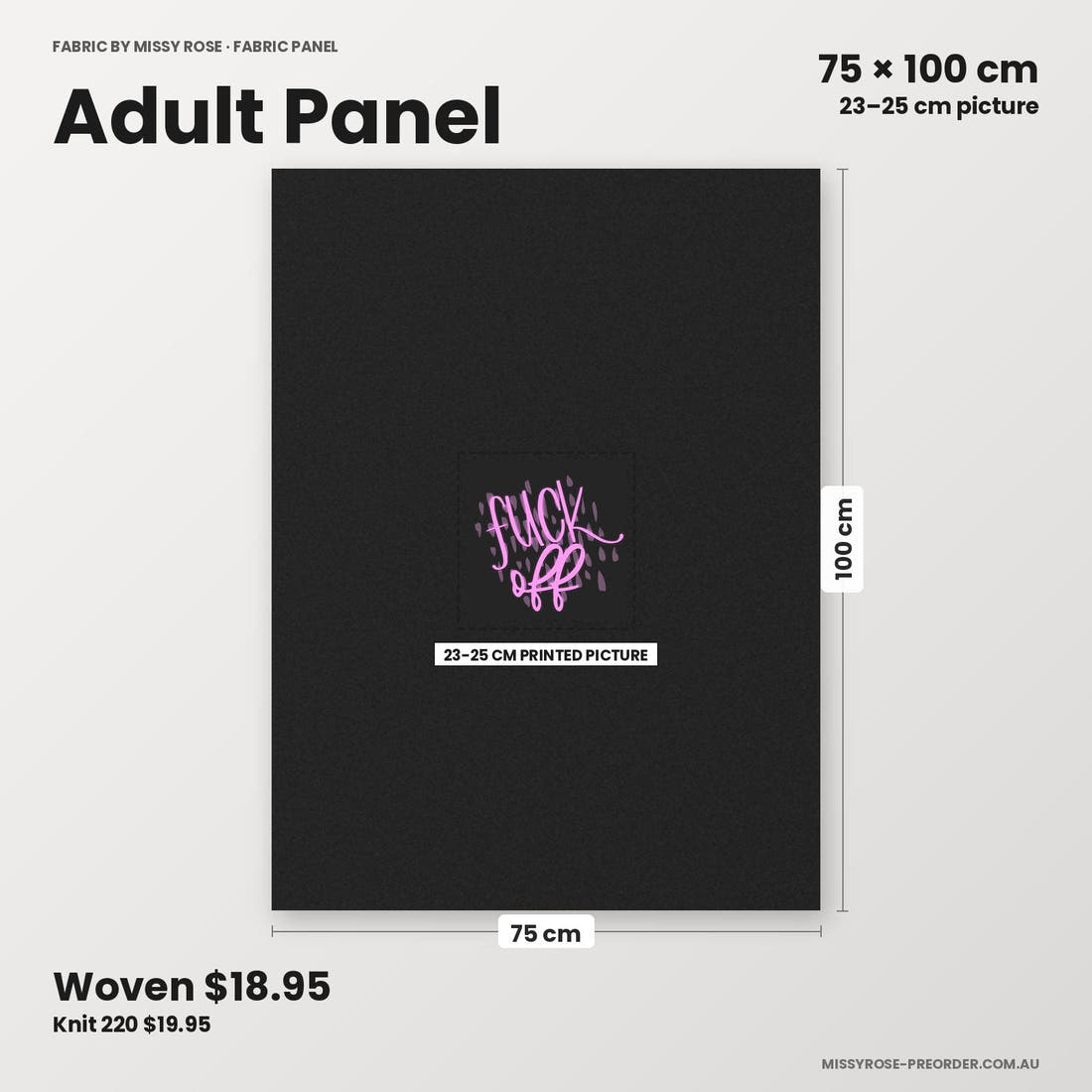 Profanity Fabric Panel 205 adult panel sizing – 23–25 cm printed picture on 75 × 100 cm fabric | Fabric by Missy Rose