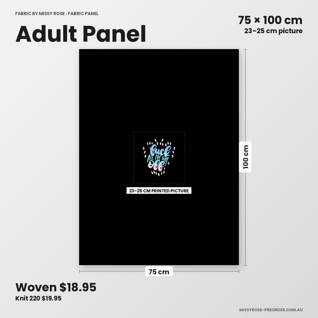 Profanity Fabric Panel 207 adult panel sizing – 23–25 cm printed picture on 75 × 100 cm fabric | Fabric by Missy Rose
