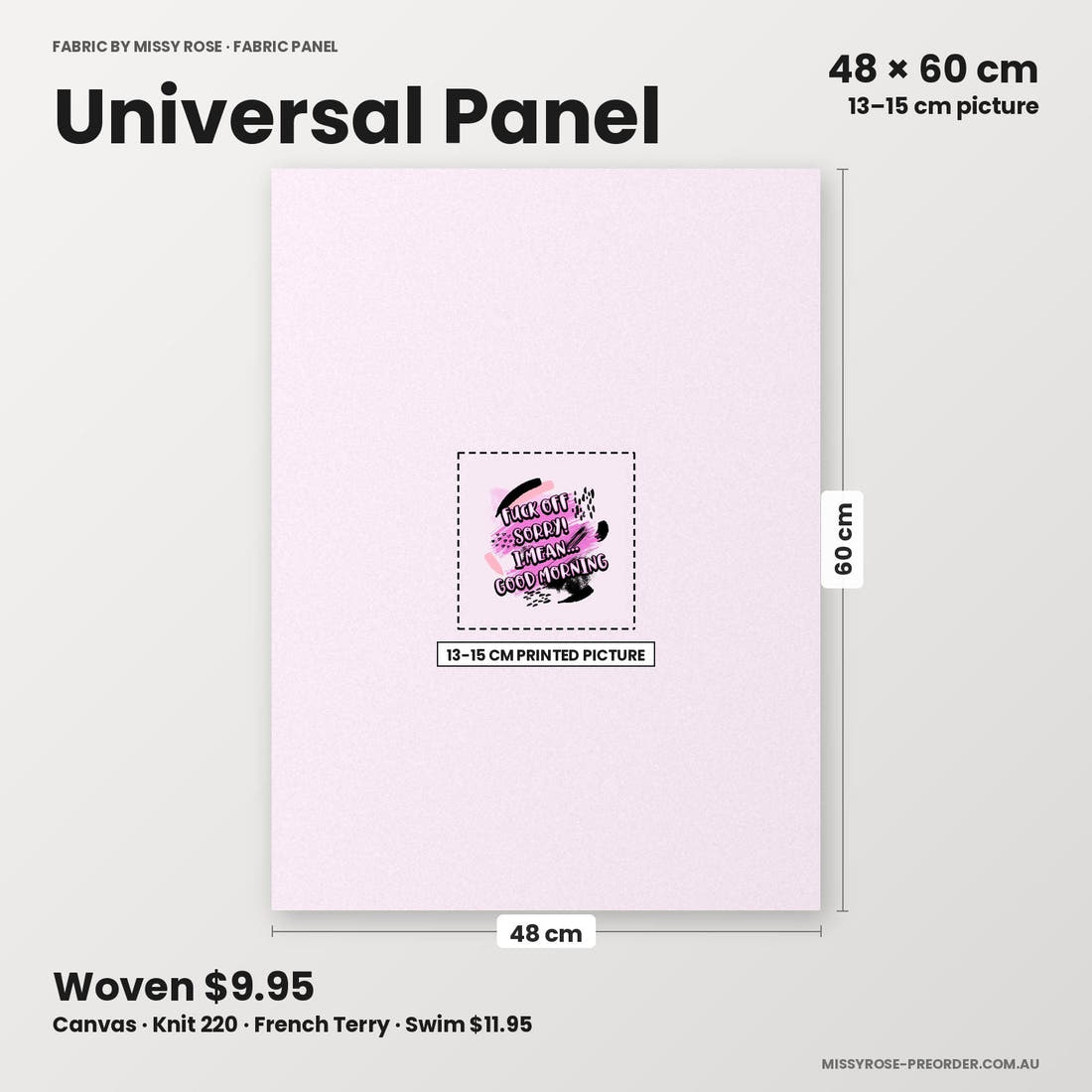 Profanity Fabric Panel 210 universal panel sizing – 13–15 cm printed picture on 48 × 60 cm fabric | Fabric by Missy Rose