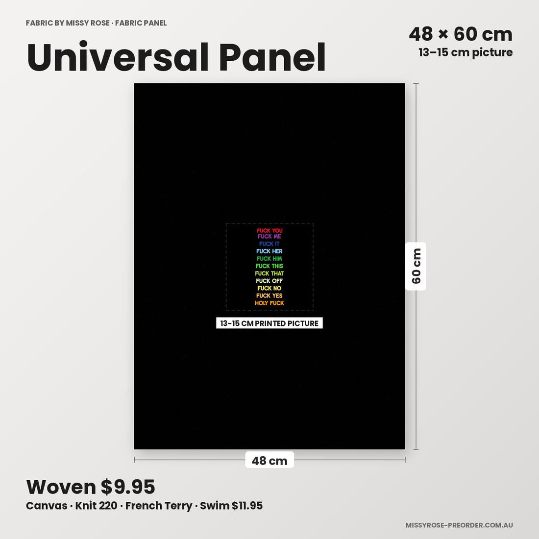 Profanity Fabric Panel 212 universal panel sizing – 13–15 cm printed picture on 48 × 60 cm fabric | Fabric by Missy Rose