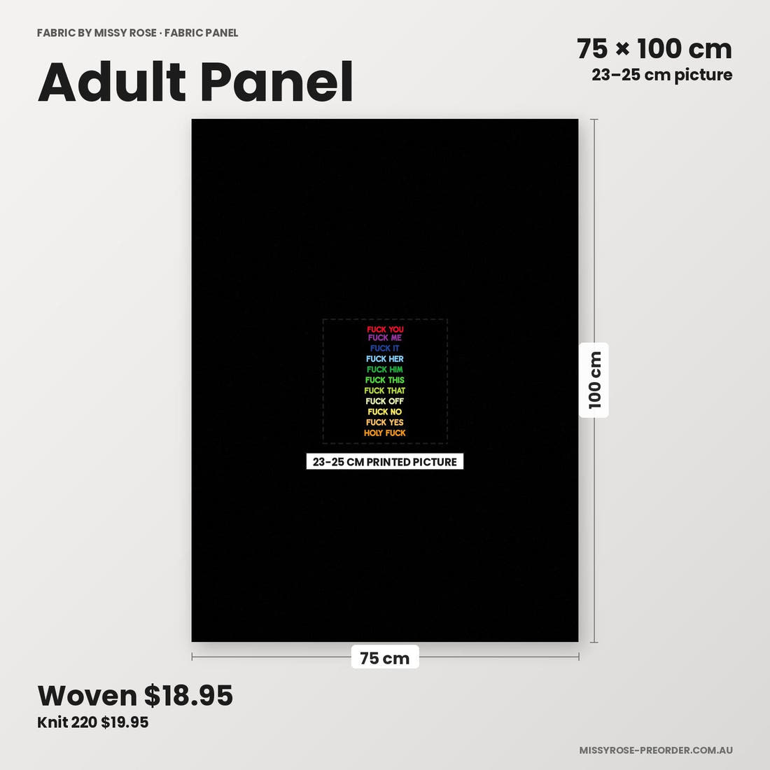 Profanity Fabric Panel 212 adult panel sizing – 23–25 cm printed picture on 75 × 100 cm fabric | Fabric by Missy Rose