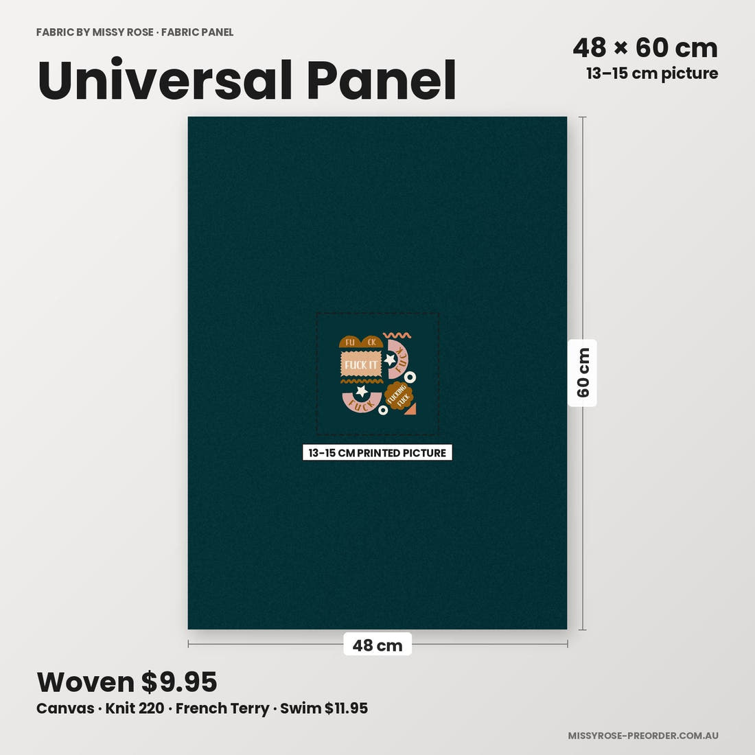 Profanity Fabric Panel 213 universal panel sizing – 13–15 cm printed picture on 48 × 60 cm fabric | Fabric by Missy Rose