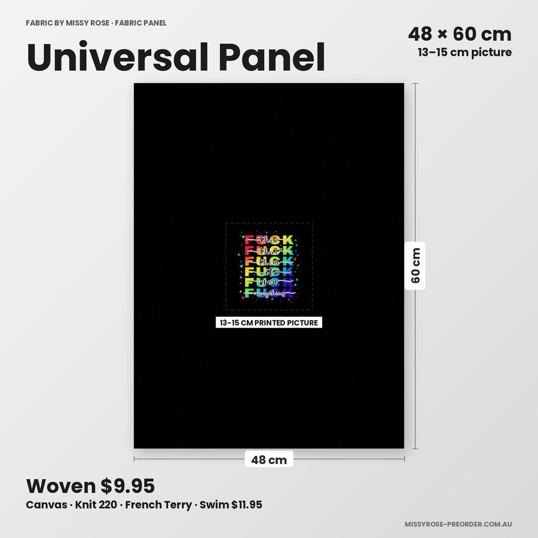 Profanity Fabric Panel 217 universal panel sizing – 13–15 cm printed picture on 48 × 60 cm fabric | Fabric by Missy Rose