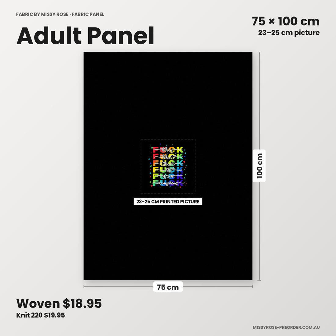 Profanity Fabric Panel 217 adult panel sizing – 23–25 cm printed picture on 75 × 100 cm fabric | Fabric by Missy Rose