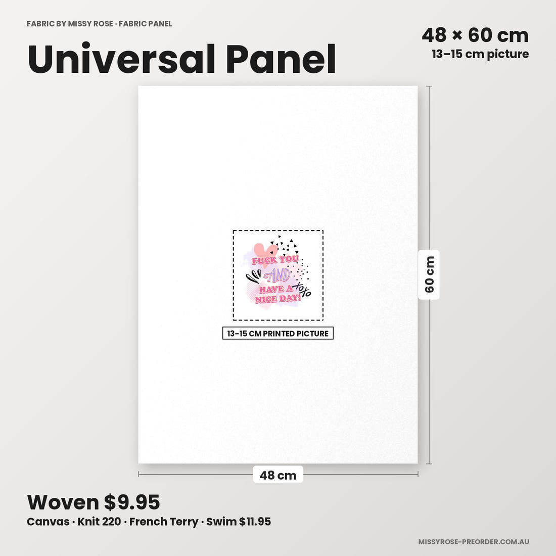 Profanity Fabric Panel 219 universal panel sizing – 13–15 cm printed picture on 48 × 60 cm fabric | Fabric by Missy Rose