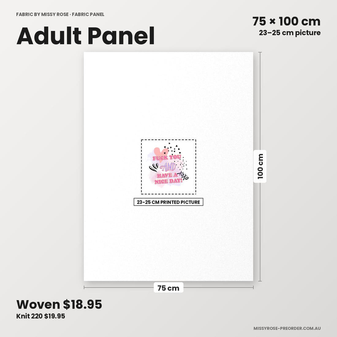 Profanity Fabric Panel 219 adult panel sizing – 23–25 cm printed picture on 75 × 100 cm fabric | Fabric by Missy Rose