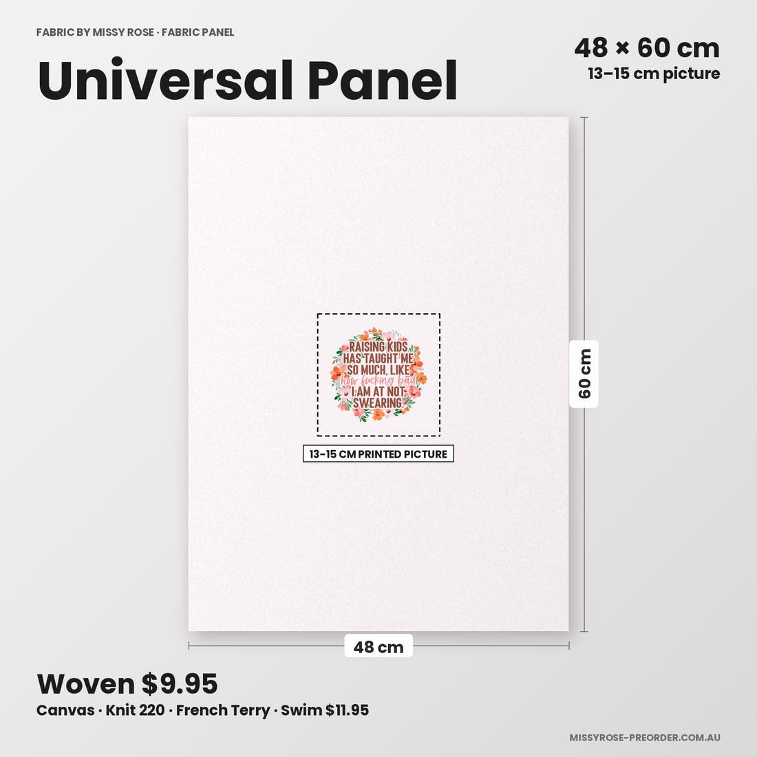 Profanity Fabric Panel 224 universal panel sizing – 13–15 cm printed picture on 48 × 60 cm fabric | Fabric by Missy Rose