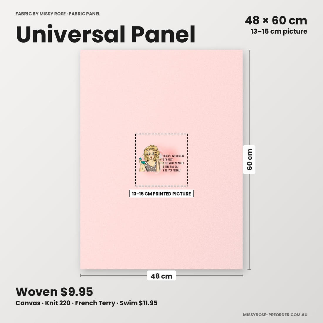 Profanity Fabric Panel 239 universal panel sizing – 13–15 cm printed picture on 48 × 60 cm fabric | Fabric by Missy Rose