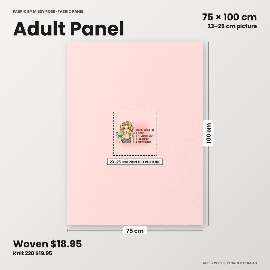 Profanity Fabric Panel 239 adult panel sizing – 23–25 cm printed picture on 75 × 100 cm fabric | Fabric by Missy Rose