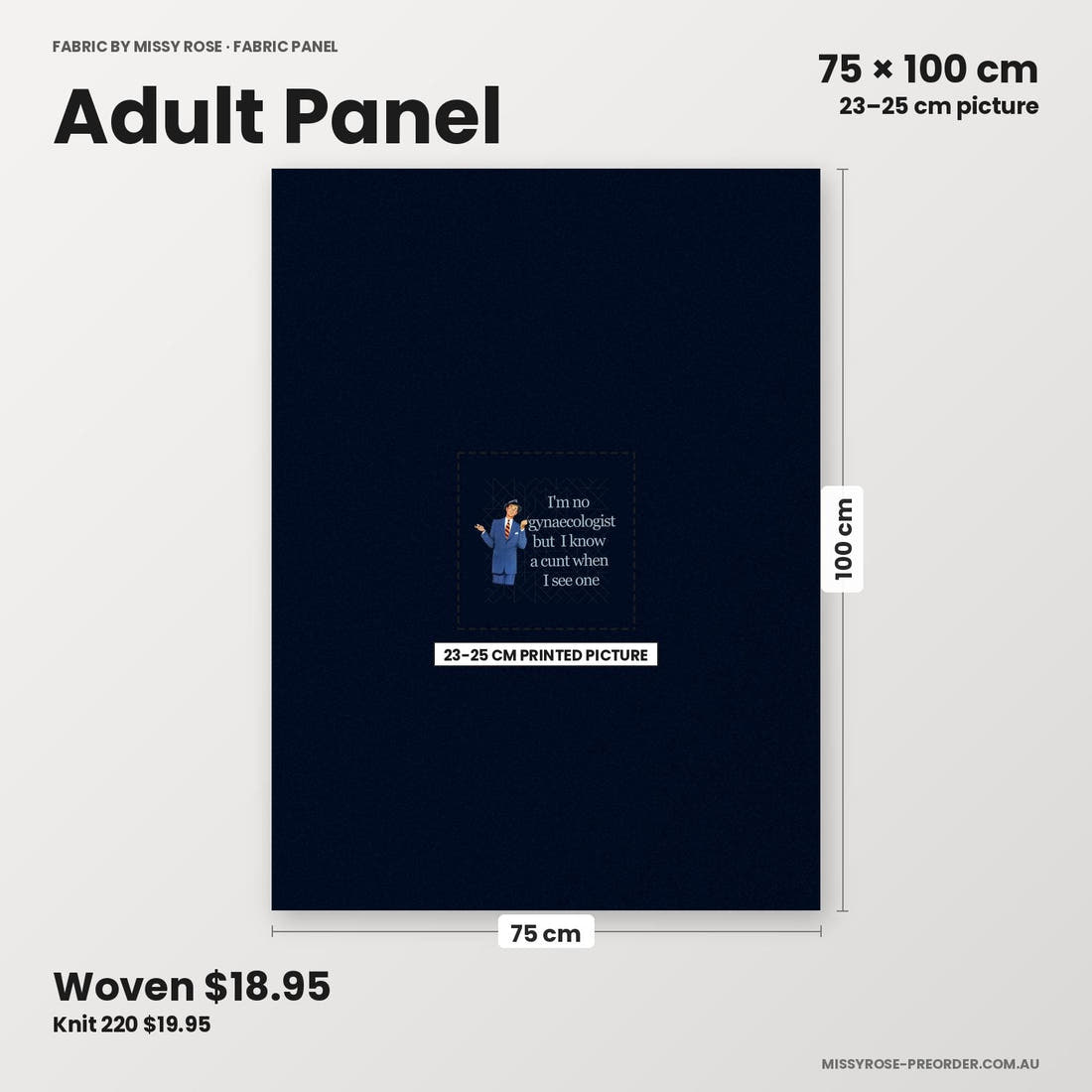 Profanity Fabric Panel 259 adult panel sizing – 23–25 cm printed picture on 75 × 100 cm fabric | Fabric by Missy Rose