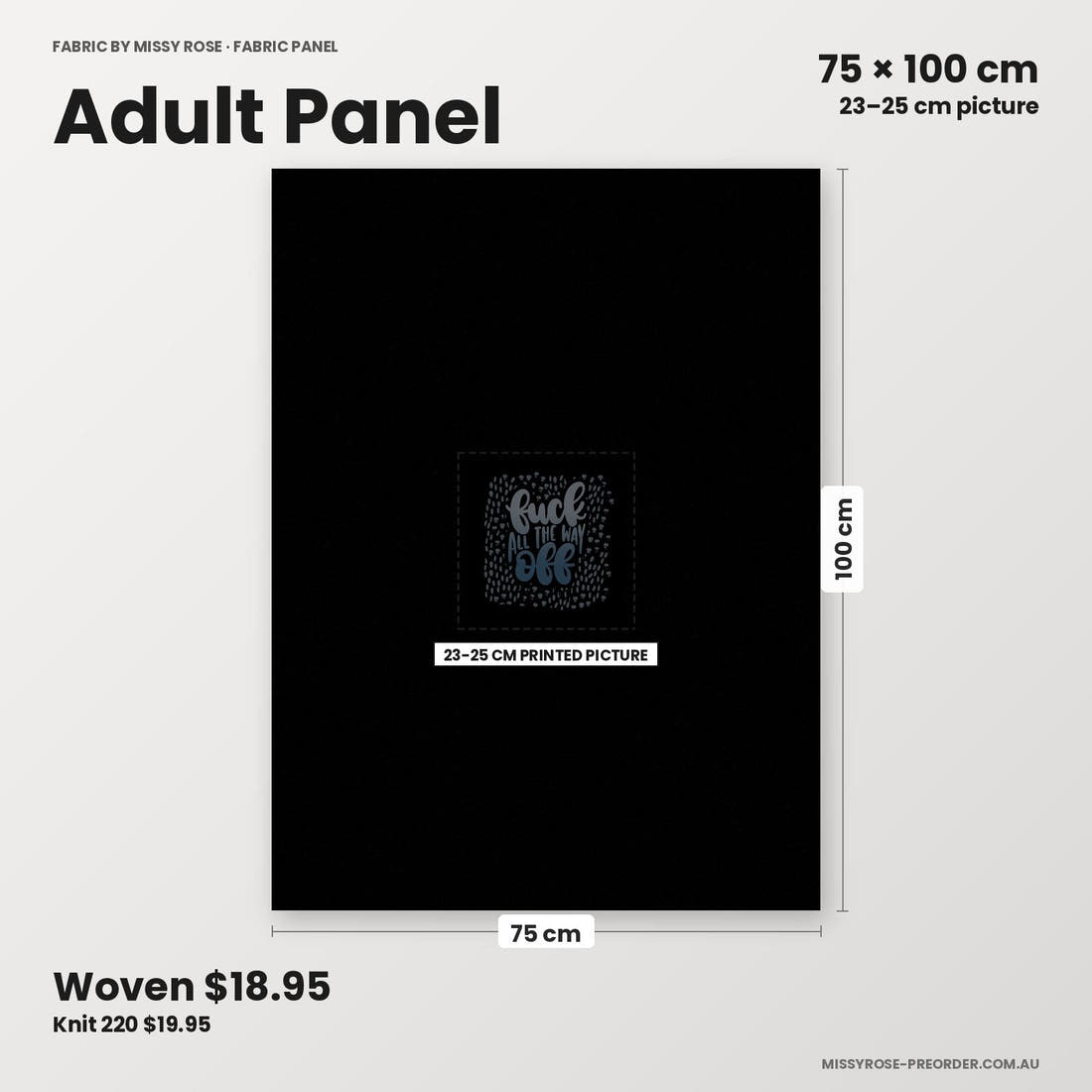 Profanity Fabric Panel 301 adult panel sizing – 23–25 cm printed picture on 75 × 100 cm fabric | Fabric by Missy Rose