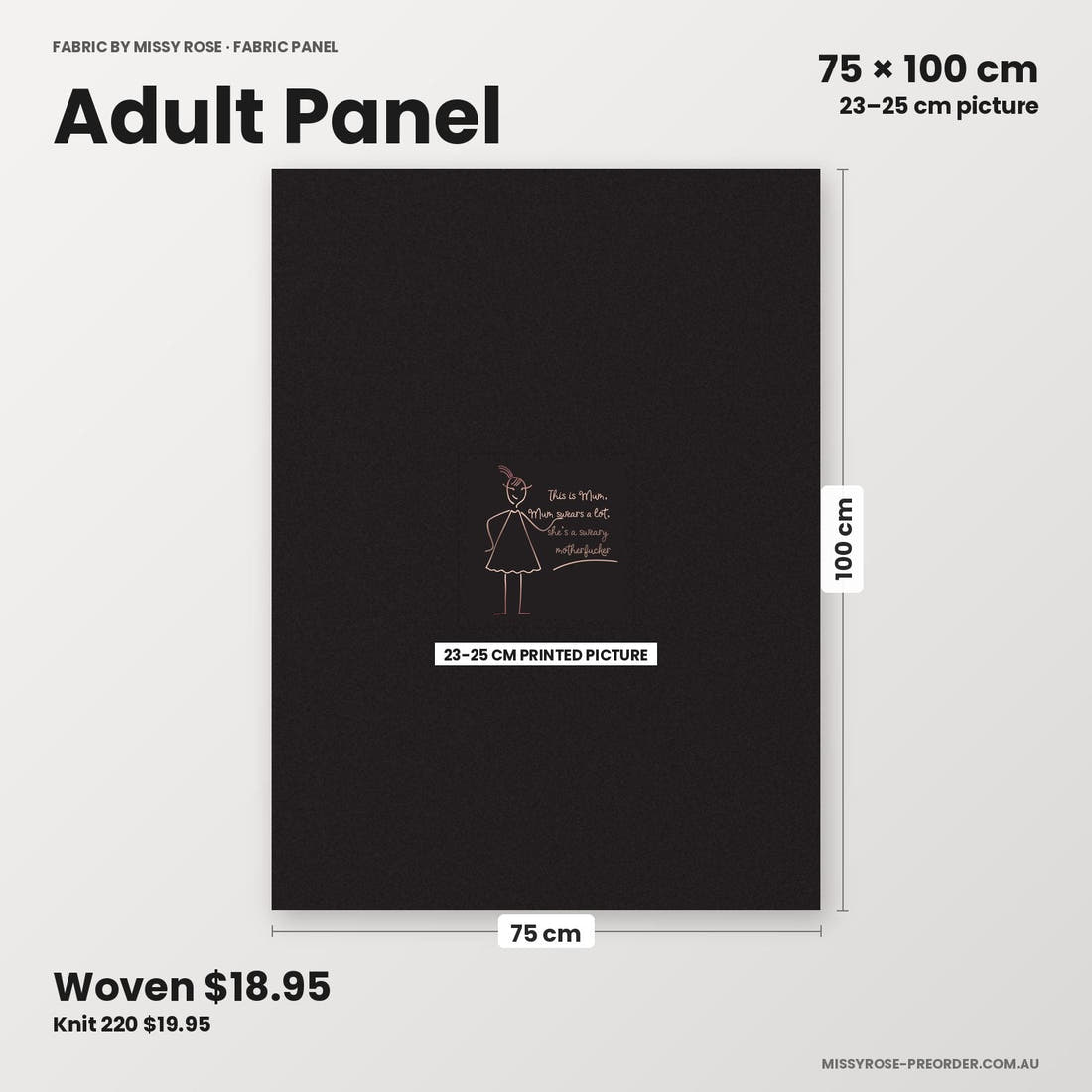 Profanity Fabric Panel 313 adult panel sizing – 23–25 cm printed picture on 75 × 100 cm fabric | Fabric by Missy Rose