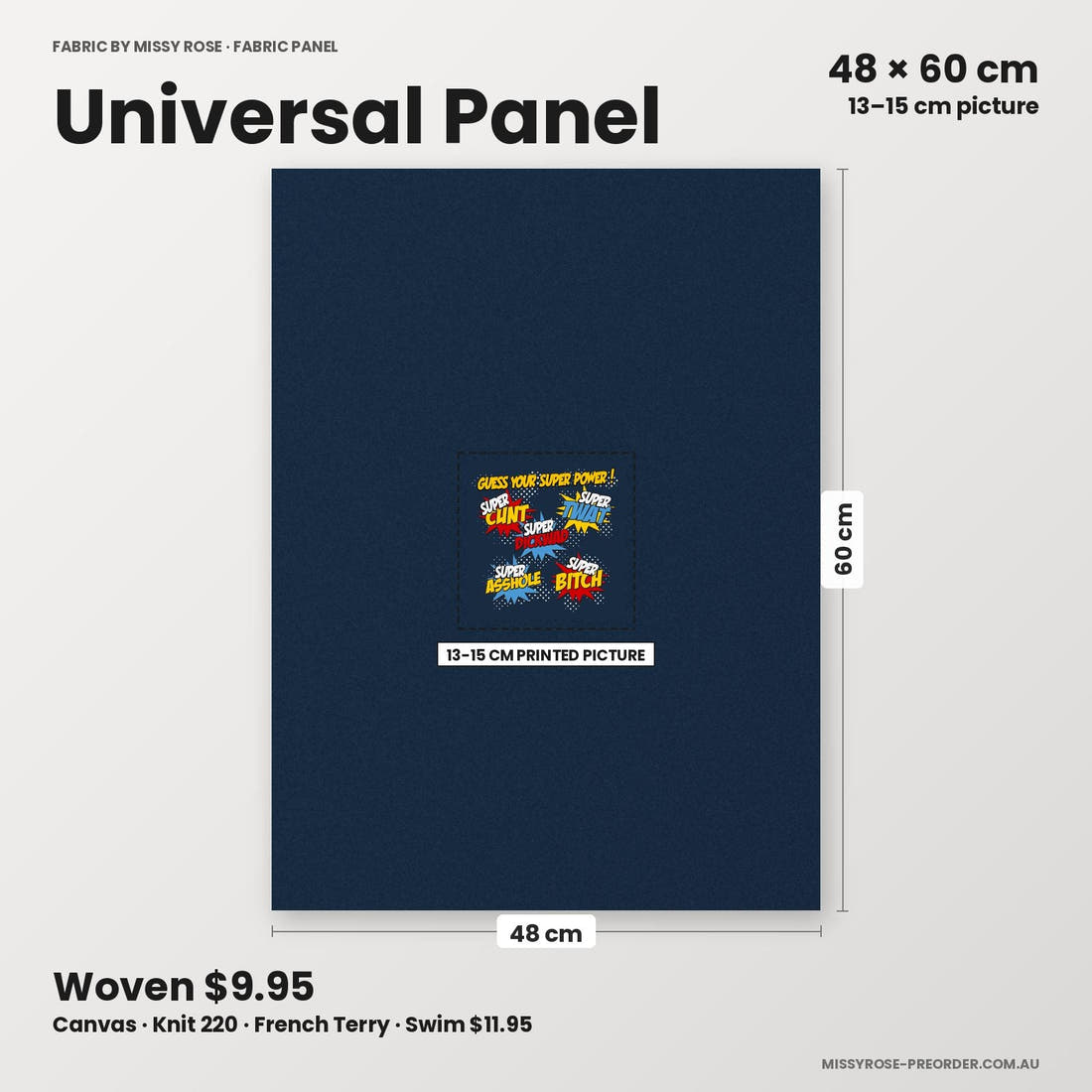 Profanity Fabric Panel 351 universal panel sizing – 13–15 cm printed picture on 48 × 60 cm fabric | Fabric by Missy Rose