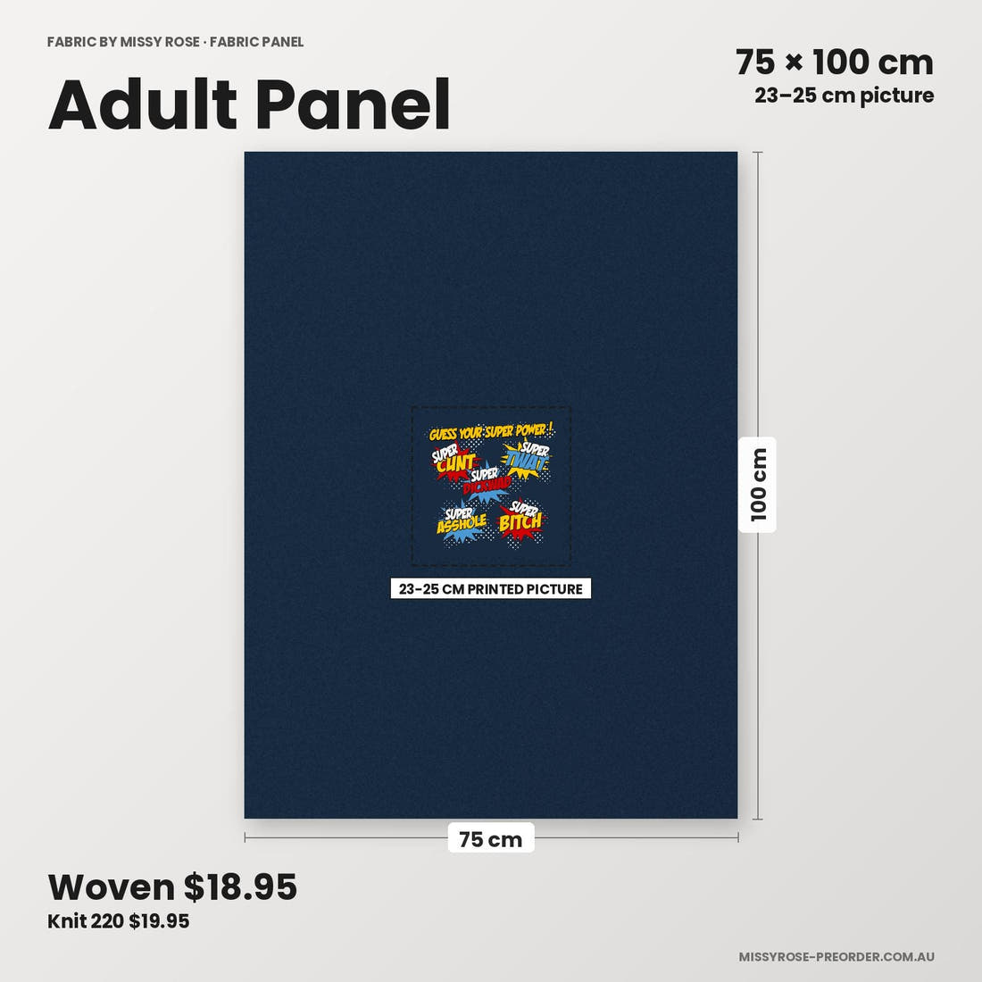 Profanity Fabric Panel 351 adult panel sizing – 23–25 cm printed picture on 75 × 100 cm fabric | Fabric by Missy Rose
