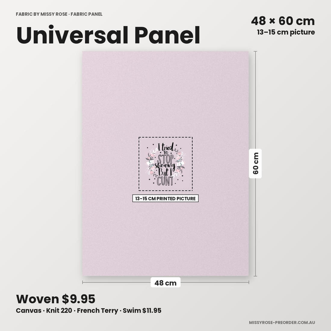 Profanity Fabric Panel 352 universal panel sizing – 13–15 cm printed picture on 48 × 60 cm fabric | Fabric by Missy Rose
