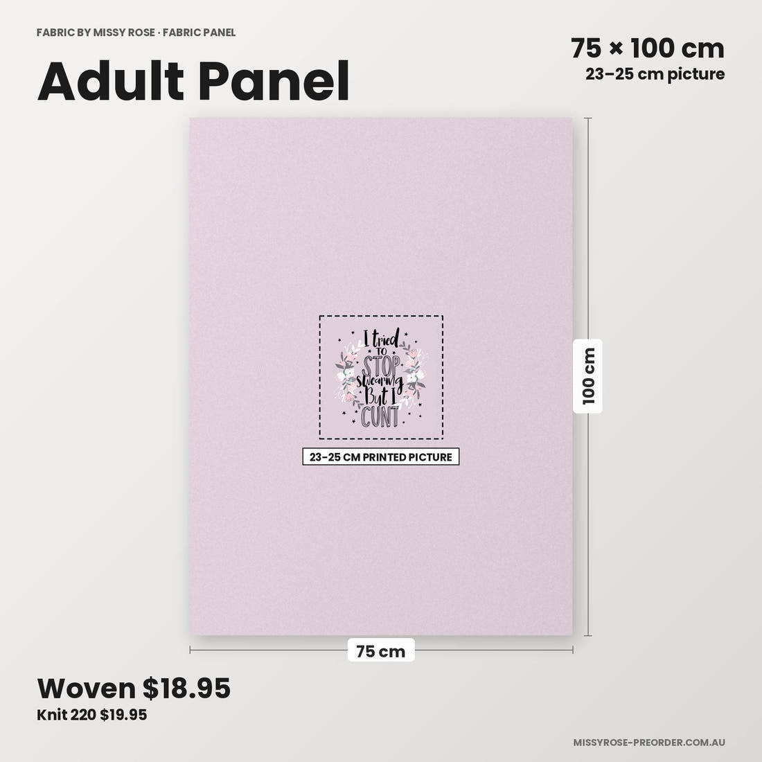 Profanity Fabric Panel 352 adult panel sizing – 23–25 cm printed picture on 75 × 100 cm fabric | Fabric by Missy Rose