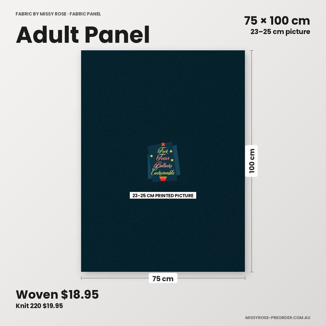 Profanity Fabric Panel 374 adult panel sizing – 23–25 cm printed picture on 75 × 100 cm fabric | Fabric by Missy Rose