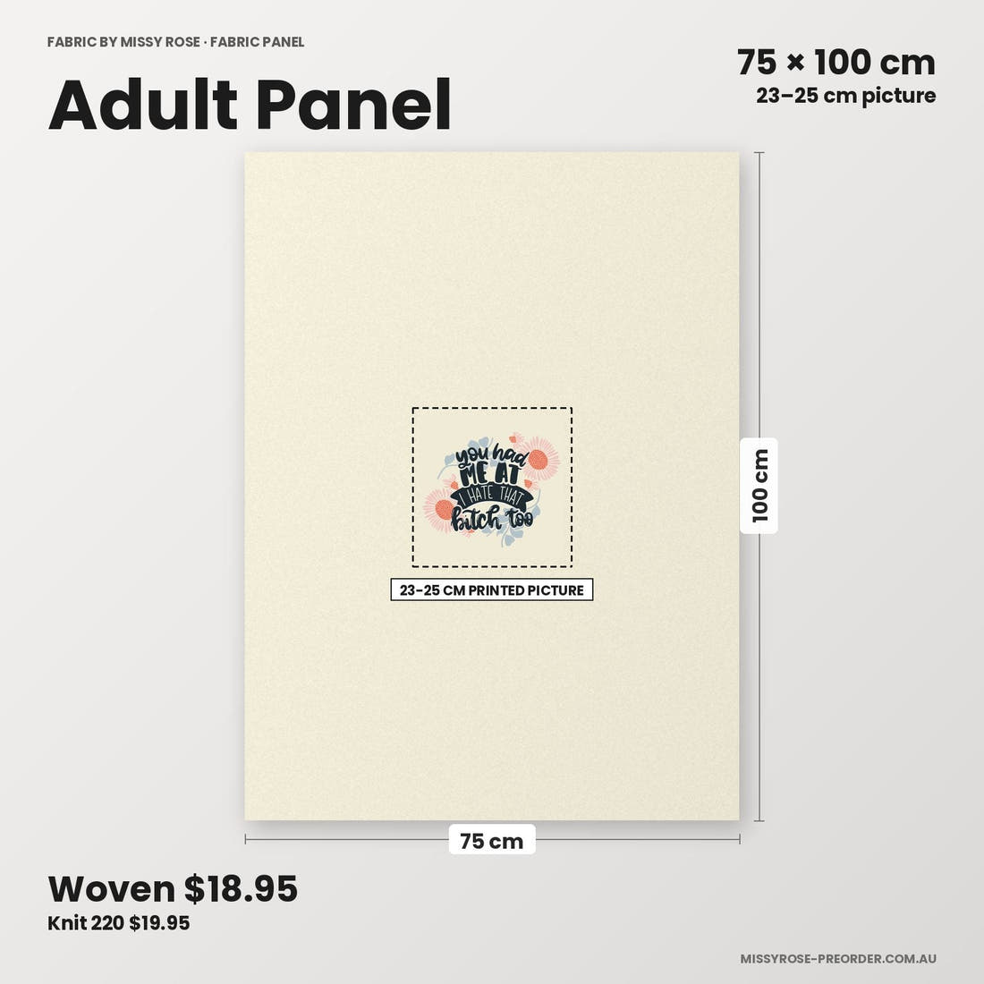 Profanity Fabric Panel 376 adult panel sizing – 23–25 cm printed picture on 75 × 100 cm fabric | Fabric by Missy Rose