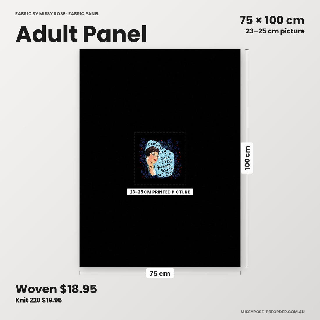 Profanity Fabric Panel 401 adult panel sizing – 23–25 cm printed picture on 75 × 100 cm fabric | Fabric by Missy Rose
