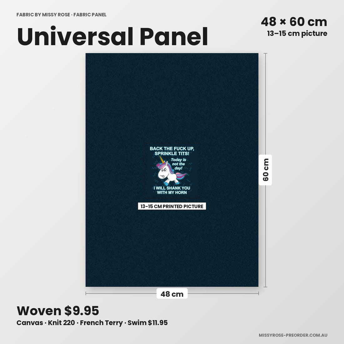 Profanity Fabric Panel 53 universal panel sizing – 13–15 cm printed picture on 48 × 60 cm fabric | Fabric by Missy Rose