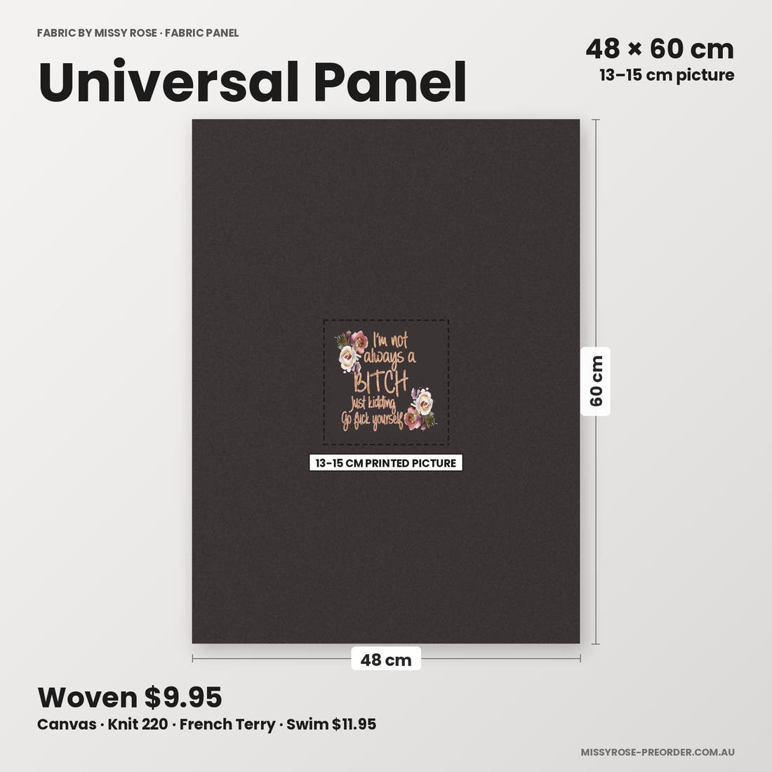 Profanity Fabric Panel 64 universal panel sizing – 13–15 cm printed picture on 48 × 60 cm fabric | Fabric by Missy Rose
