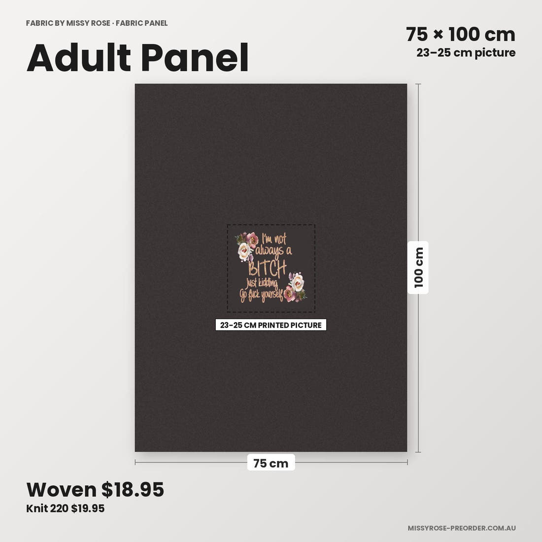 Profanity Fabric Panel 64 adult panel sizing – 23–25 cm printed picture on 75 × 100 cm fabric | Fabric by Missy Rose
