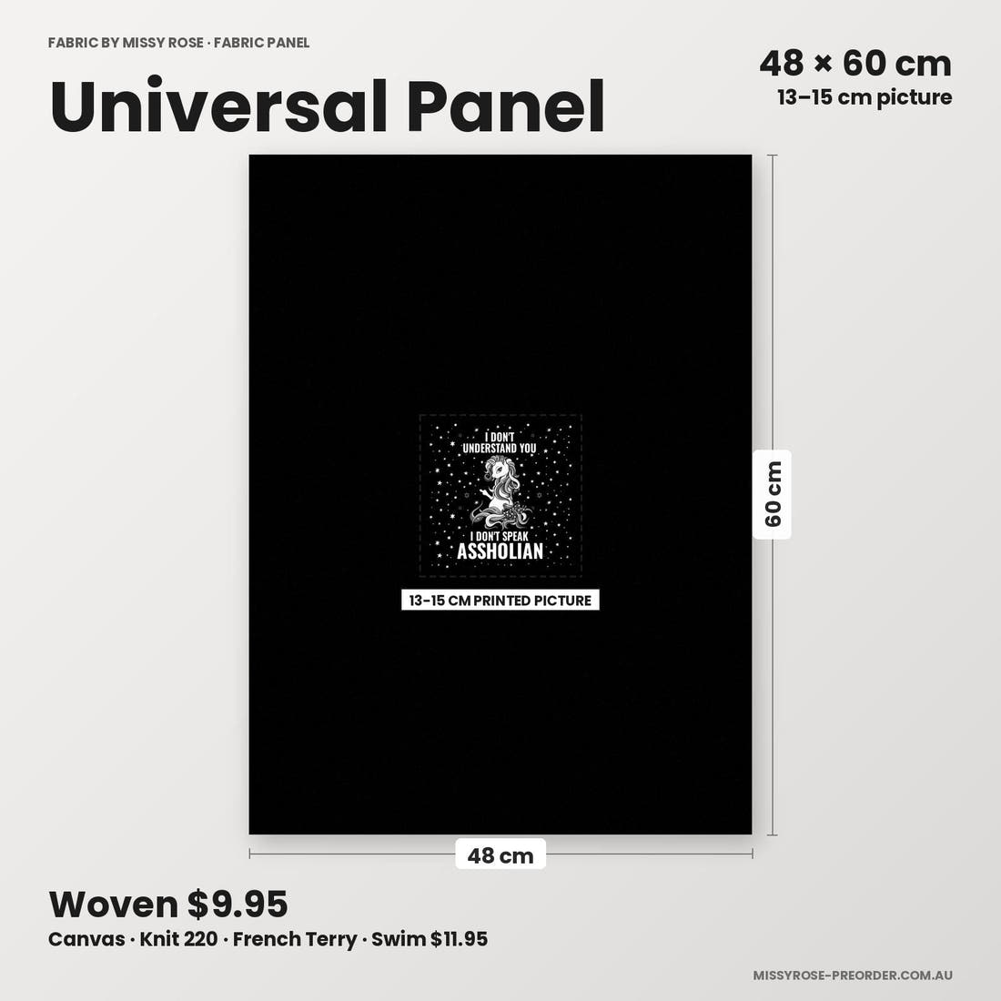 Profanity Fabric Panel 67 universal panel sizing – 13–15 cm printed picture on 48 × 60 cm fabric | Fabric by Missy Rose