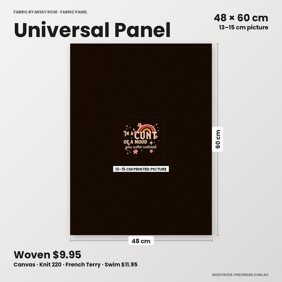 Profanity Fabric Panel 90 universal panel sizing – 13–15 cm printed picture on 48 × 60 cm fabric | Fabric by Missy Rose