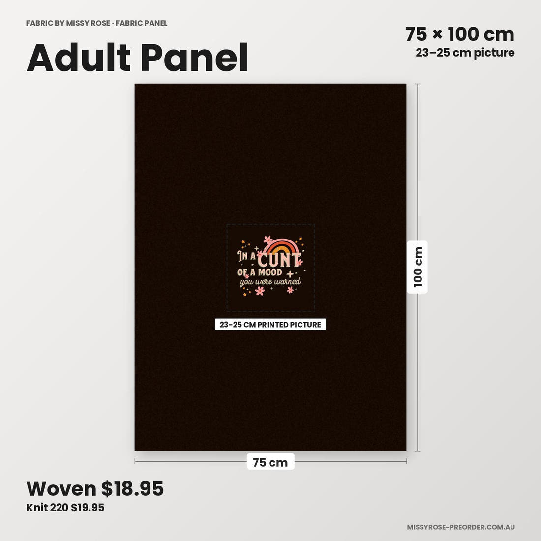 Profanity Fabric Panel 90 adult panel sizing – 23–25 cm printed picture on 75 × 100 cm fabric | Fabric by Missy Rose